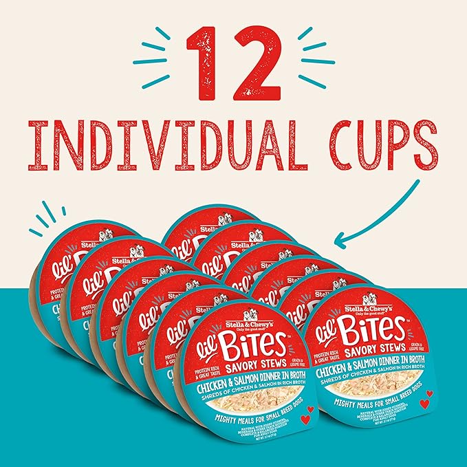Stella & Chewy's Lil Bites Savory Stews for Small Breeds Chicken & Salmon Dinner in Broth, 2.7 oz. Cups (Pack of 12)