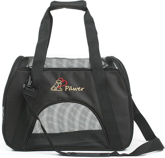 Pawer Soft-Sided Pet Carrier for Cat and Small Dog,Black Color,Medium Size,Washable 600D Oxford Cloth Airline Approved Travel Tote,with 2 Mesh Opens and a Strap for Carry,Multiple Colors Available