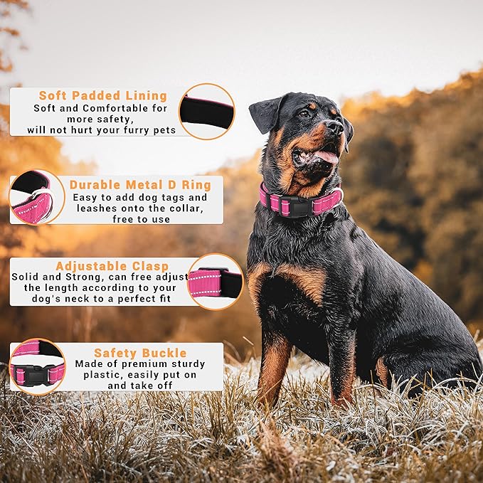 2 Pack Reflective Dog Collar with Safety Locking Buckle, Adjustable Soft Breathable Comfortable Nylon Pet Collar for Small, Medium and Large Dogs, Hotpink, S