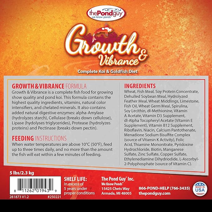 The Pond Guy Growth & Vibrance Fish Food for Show Quality Koi & Goldfish, Premium Protein Floating Pellets for Balanced Nutrition, 12 lbs