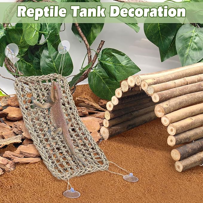 kathson Bearded Dragon Tank Accessories Kit, Reptile Hide Wooden Bridge Coconut Fiber Mat Hammock Jungle Climber Vines Leaves Tweezer and Plant Reptile Habitat Decor for Chameleon Lizards Gecko Snakes