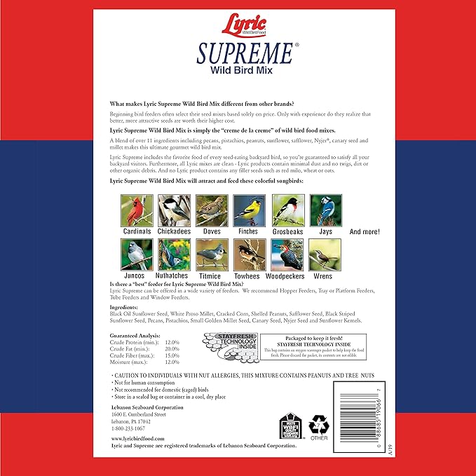 Lyric Supreme Wild Bird Seed - Wild Bird Food Mix with Nuts & Sunflower Seeds for Outside Feeders - Attracts Many Beautiful Songbirds - 20 lb bag