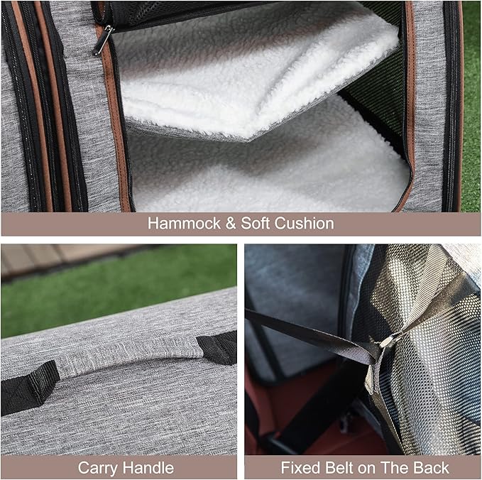 PawHut 39" Portable Soft-Sided Cat Carrier, Cat Kennel, Travel Dog Crate with Divider, Two Compartments, Soft Cushions & Storage Bag, Easy to Fold, Light Gray