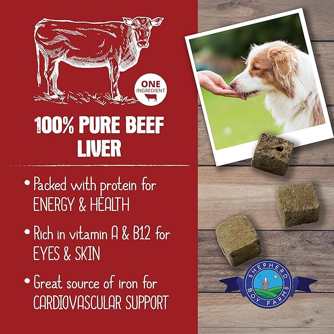 Shepherd Boy Farms Freeze Dried Dog and Cat Treats, Beef Liver, All Natural Single Ingredient Freeze-Dried Dog Treat & Snacks, Made in USA, High Protein, Essential Nutrition of Raw Food, 3oz