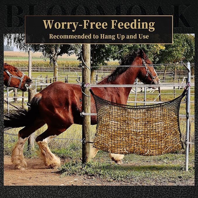 Bloomoak Knotless Slow Feed Hay Net with 4 Carabiner Clips for Horses/Open Top Hanging Hay Bag with Large Capacity for Full Day Feeding/Trailer (1.75" Hole for Slow Feed/ 2PCS, L 63 * 40")…