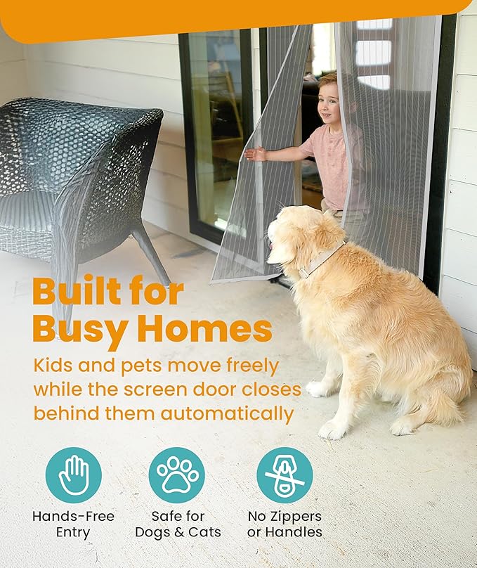 Flux Phenom Magnetic Screen Door Mesh 38x82 Inch – Easy Install, Strong Magnet Strength, Self-Sealing Mesh, Pet Tested, Hands-Free Entry, Doors Screen Magnetic Closure, Keeps Bugs Out - Gray
