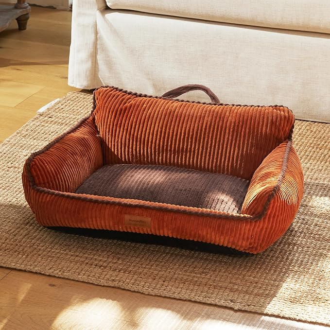 FUKUMARU Dog Couch Bed, Fluffy Corduroy Cat Beds for Indoor Cats with Washable Cover, Waterproof Small Dog Sofa Beds with Portable Handle and Anti-Slip Bottom, Pet Beds & Furniture 28inch, Orange