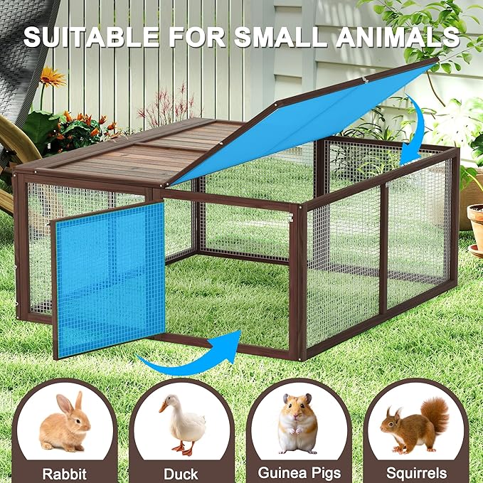 Portable Chicken Coop Run, Rabbit Hutch with Top & Side Opening Doors, Folding Wooden Rabbit Cage for Guinea Pigs, Bunny, Rabbit, Hedgehog, Small Animal Outdoor (Brown)