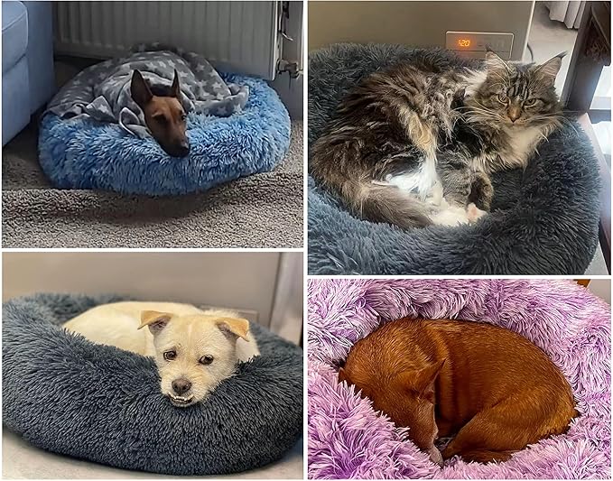 Calming Dog Bed X-Large, Soft Round Cuddler Dog Beds Fluffy Plush Faux Fur Pet Beds, Anit-Anxiety Self-Warming Comfy (32", Deep Blue)