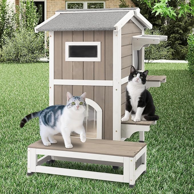 PetsCosset Outdoor Cat House Feral Cats Shelter Weatherproof with Balcony, 2-Story Wooden Outside Pet C at House with Openable Roof, 4 Door, 2 Platforms