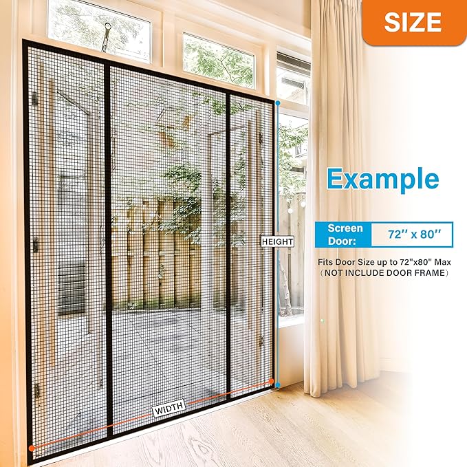 Double Door Fiberglass Magnetic Screen Door，Screen Door Mesh，Keep Bugs Out, Heavy-Duty Mesh Curtain,Pet and Kid Friendly, Works with Front Doors, Sliding Doors（72x80 Inch
