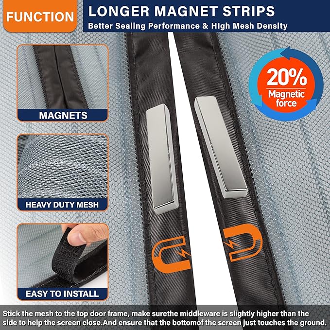 Mesh Screen with Magnetic Closure-Keeps Bugs Out Let Breeze in, Heavy Duty - Pet and Kid Friendly, Works with Front, Sliding Doors (38 x 82 Inch) Gray
