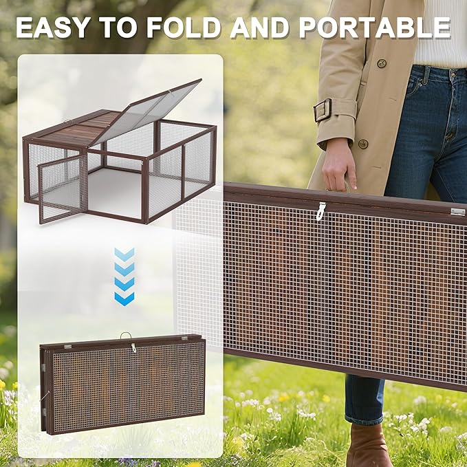 Portable Chicken Coop Run, Rabbit Hutch with Top & Side Opening Doors, Folding Wooden Rabbit Cage for Guinea Pigs, Bunny, Rabbit, Hedgehog, Small Animal Outdoor (Brown)
