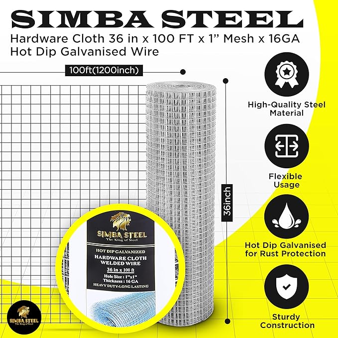 36” x 100 FT Hardware Cloth 1 inch Mesh 16 Gauge, Hot Dip Galvanised Wire Mesh, Rust Proof, Welded Cage Wire Rolls for Garden, Fence, Chicken, Rabbit, Pet Enclosures