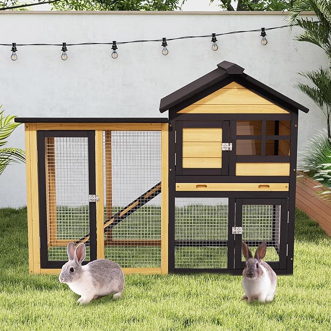 Chicken Run Coop, Wooden Duck Coop Outdoor 2-Tier Hen House All Weather Used Poultry Quail Cage Rabbit Hutch Pet Hideout with Ramp for Small Medium Animals (Natural Wood)
