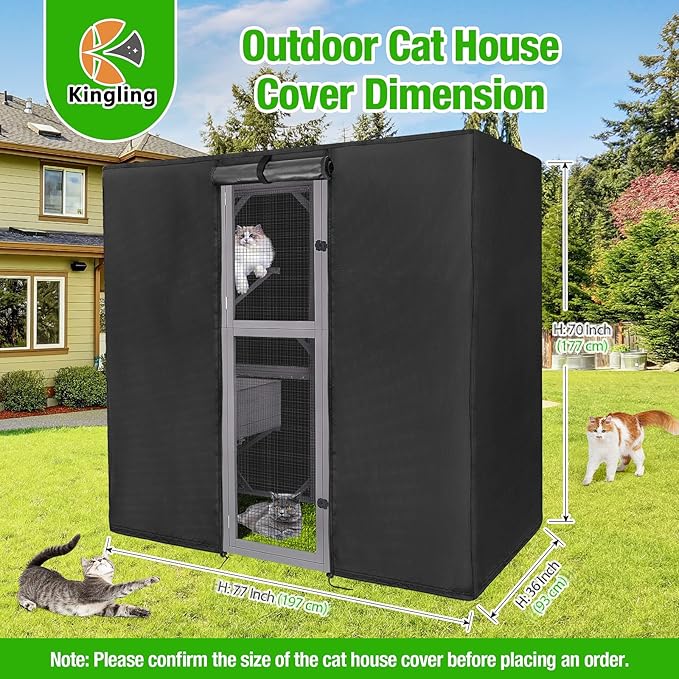 Kingling Outdoor Cat House Cover Weatherproof, Thermal Covers for Outdoor Cat House Catio Cat Cage Cover Winter for Large Cat Catio 4 Tiers Pet Enclosures House (Cover Only)- 77 "L x 36 "W x 70 "H