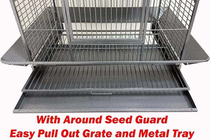 Large Deluxe Wrought Iron Bird Parrot Play Gound Perch Stand Top Climbing Ladder Metal Cage Include Seed Guard Storage Shelf Heavy Duty Lockable Rolling Wheels