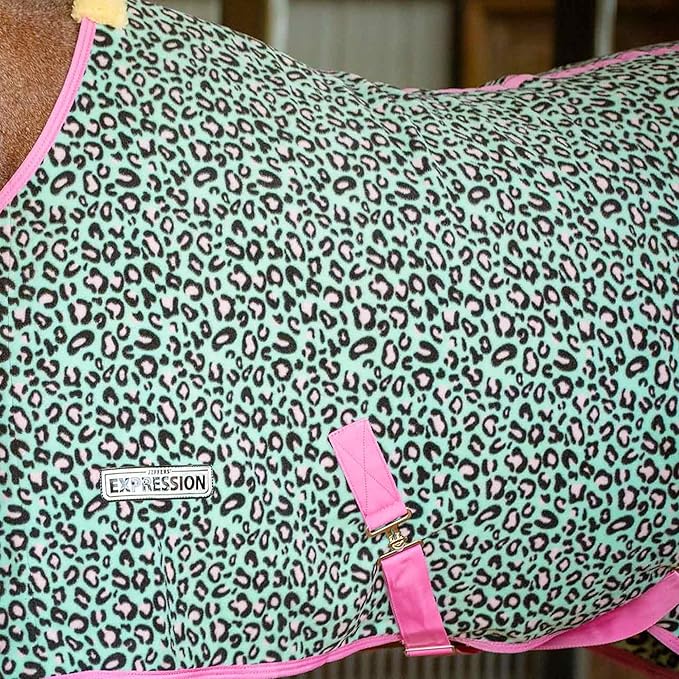 Jeffers Expression Fleece Cooler for Horses, Standard Neck, Party Cheetah 84"- Equine Towel Blanket, Moisture Absorbent, Light Weight, Best for Drying, Exercise, Bathing, Adjustable Belly Bands
