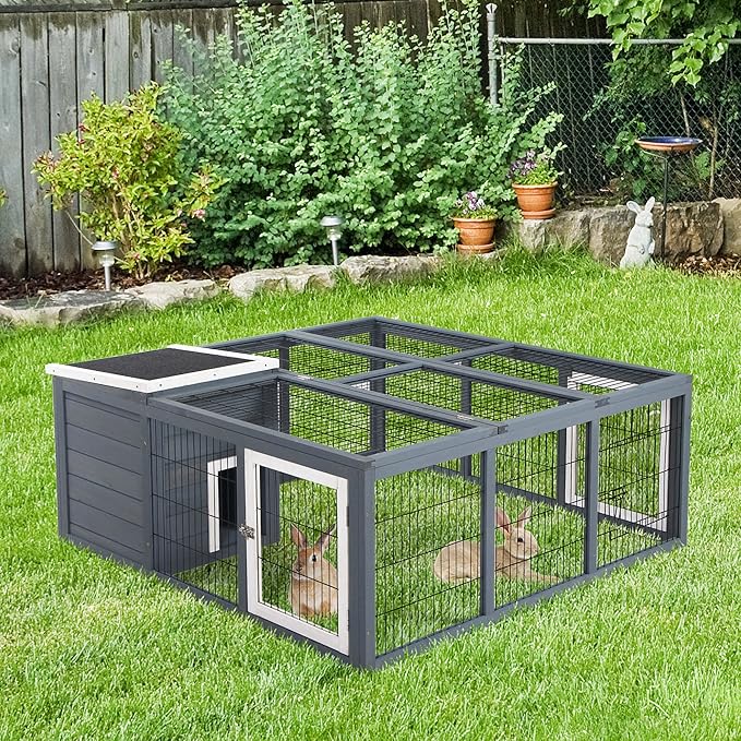 PawHut Rabbit Hutch Bunny Cage with Openable Main House, Indoor Outdoor Waterproof Rabbit House, Guinea Pig Cage for Rabbits, Chickens, Ducks, Small Animals with Three Ventilation Doors, Gray