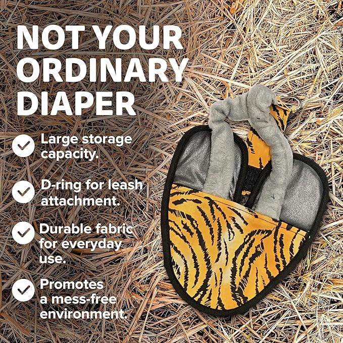 Bird Diaper, Wrap Around, for Larger Pigeons, Small Breed Hens and Roosters, Leak-Proof Design, Comfortable Fleece Strap Bird Harness with Sewn-in Liner & Secure Hook and Loop Closure - XS, Tiger