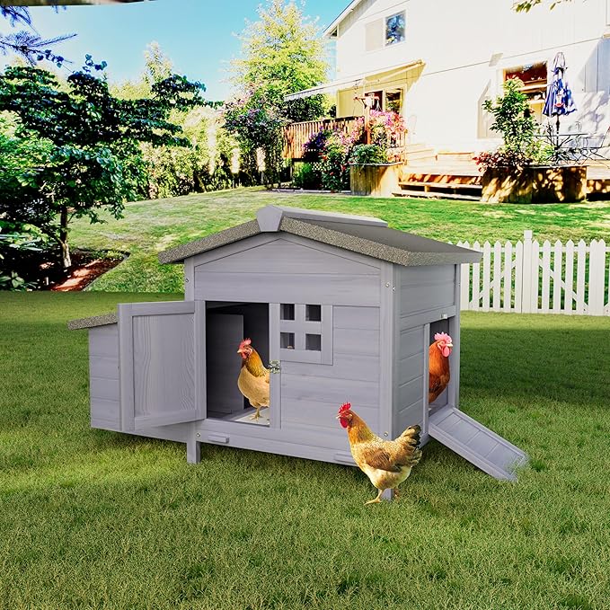 Outdoor Wooden Chicken Coop with Nesting Box – All-Weather Hen House for 3–4 Chickens, Asphalt Roof, Leak-Proof Pull-Out Tray, Predator-Proof Poultry Cage with Multiple Doors Gray