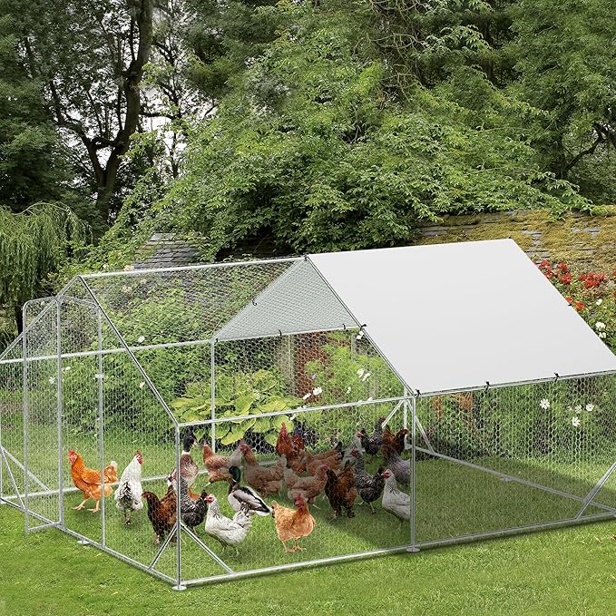 Large Metal Chicken Coop Run,Outdoor Walk-in Cage Peak Hen House with Waterproof and Anti-Uv Cover,Spire Roof Hen House with Security Lock for Outdoor,Backyard and Farm, 9.8 x 13.1 x 6.6 ft