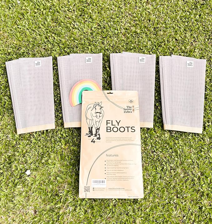 Horse Fly Boots - Horse Fly Protection, Fly Boots for Horses, Breathable Mesh [Set of 4], Heat-Reflective Light Grey, Adjust. Velcro, Durable Stays, Protective Leg Wear