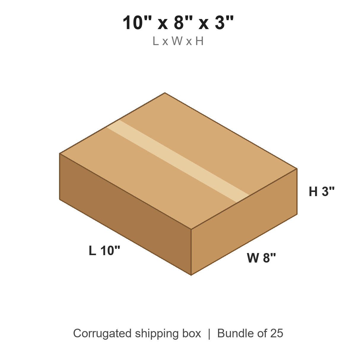 10x8x3 Flat Corrugated Shipping Boxes (10 x 8 x 3 in), Bundle of 25