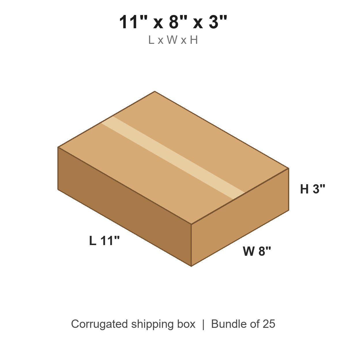 11x8x3 Corrugated Shipping Boxes (11 x 8 x 3 in), Bundle of 25