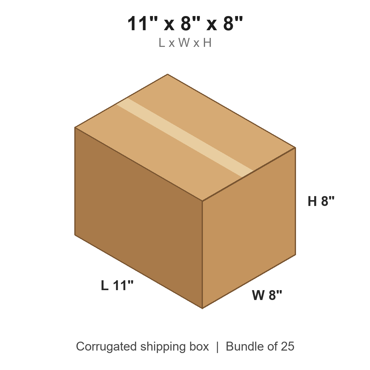 11x8x8 Corrugated Shipping Boxes (11 x 8 x 8 in), Bundle of 25