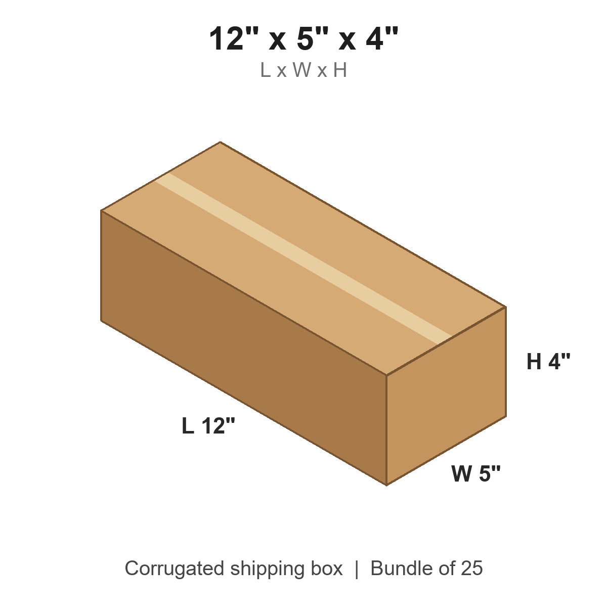 12x5x4 Long Corrugated Shipping Boxes (12 x 5 x 4 in), Bundle of 25