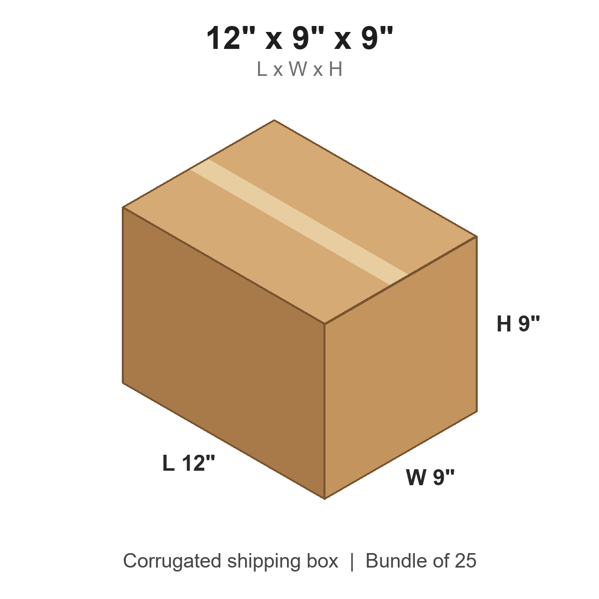 12x9x9 Corrugated Shipping Boxes (12 x 9 x 9 in), Bundle of 25
