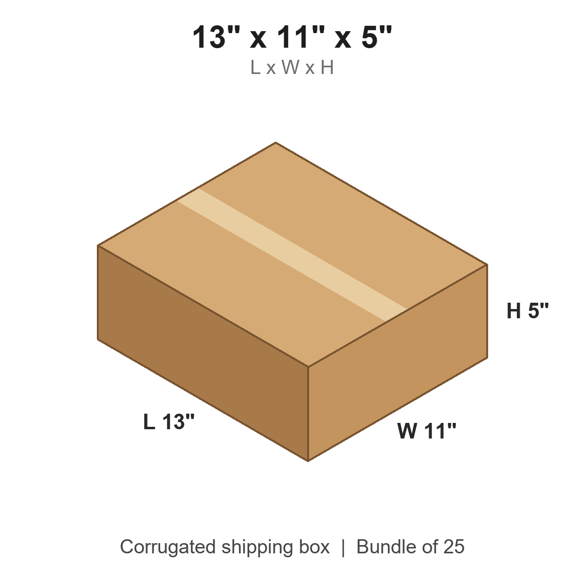 13x11x5 Flat Corrugated Shipping Boxes (13 x 11 x 5 in), Bundle of 25