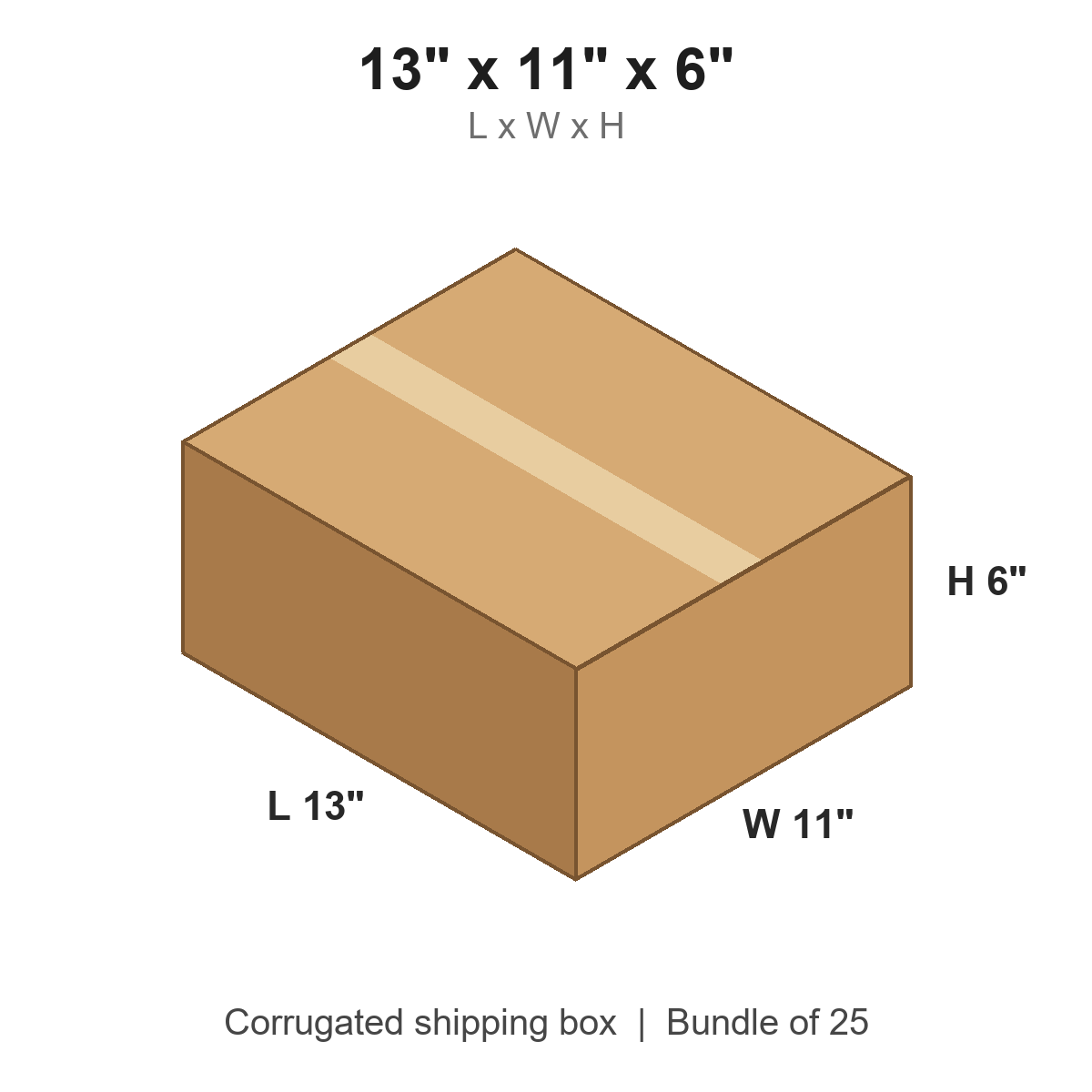 13x11x6 Corrugated Shipping Boxes (13 x 11 x 6 in), Bundle of 25