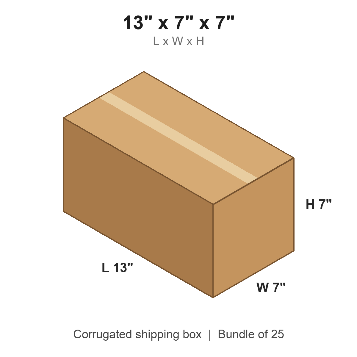13x7x7 Long Corrugated Shipping Boxes (13 x 7 x 7 in), Bundle of 25