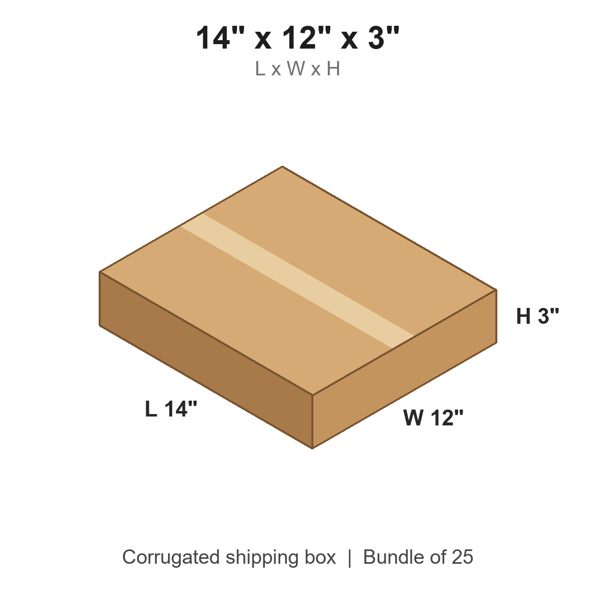 14x12x3 Flat Corrugated Shipping Boxes (14 x 12 x 3 in), Bundle of 25