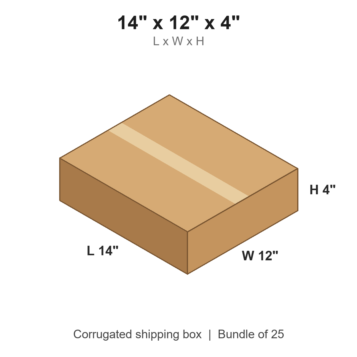 14x12x4 Flat Corrugated Shipping Boxes (14 x 12 x 4 in), Bundle of 25
