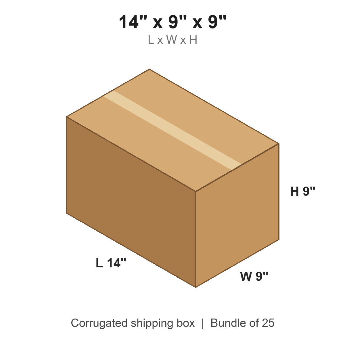 14x9x9 Corrugated Shipping Boxes (14 x 9 x 9 in), Bundle of 25