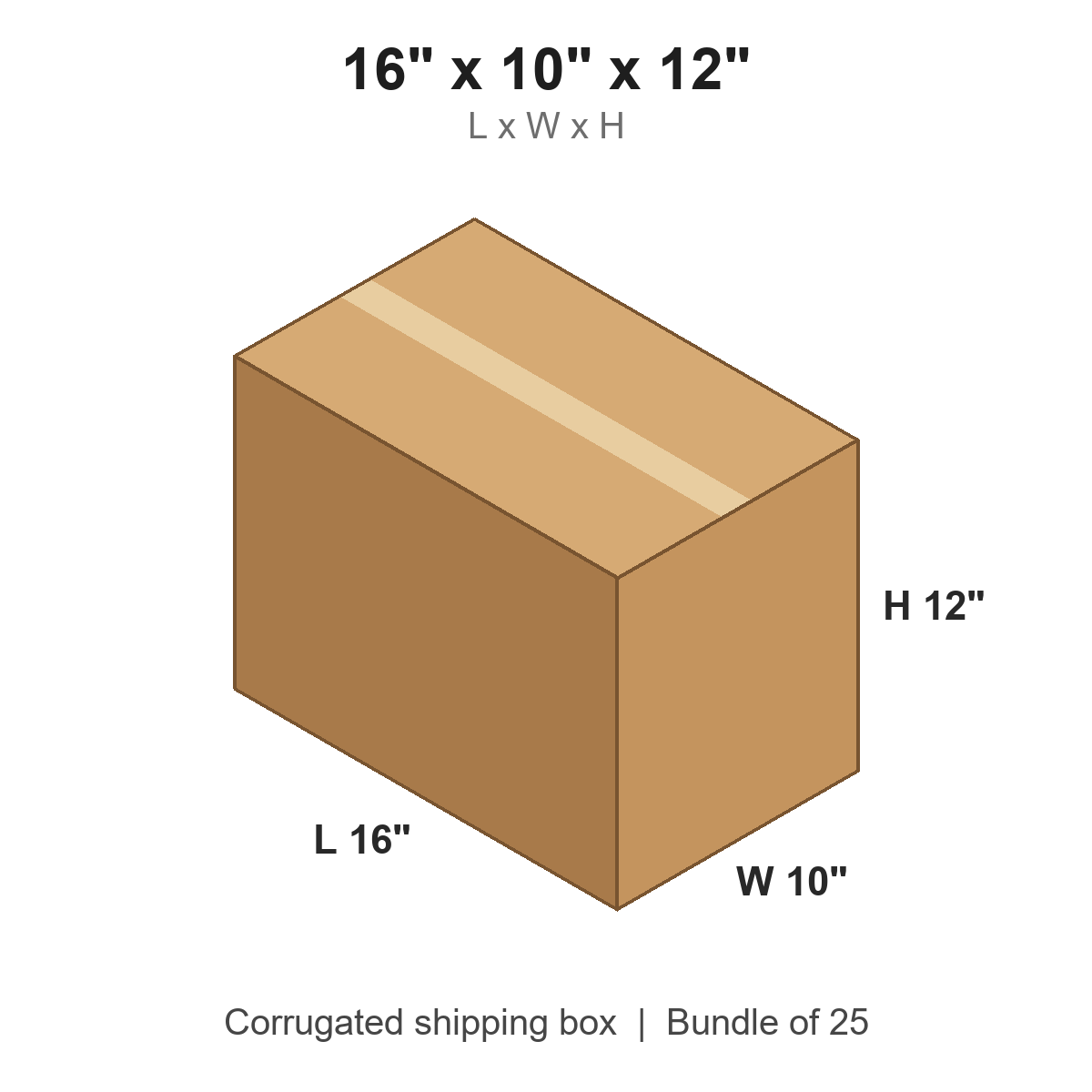 16x10x12 Corrugated Shipping Boxes (16 x 10 x 12 in), Bundle of 25