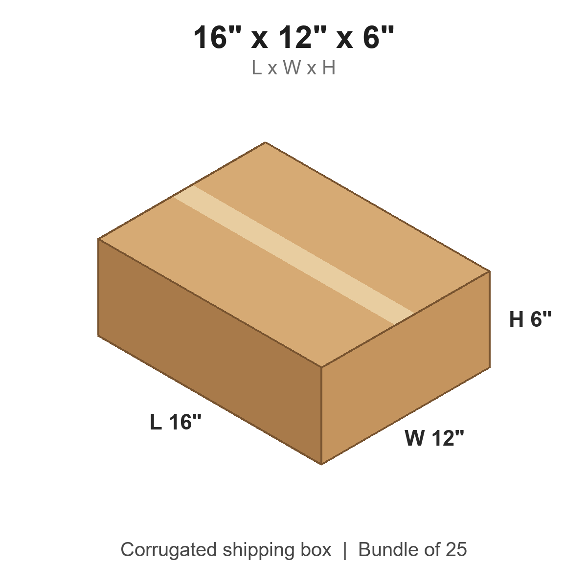 16x12x6 Flat Corrugated Shipping Boxes (16 x 12 x 6 in), Bundle of 25