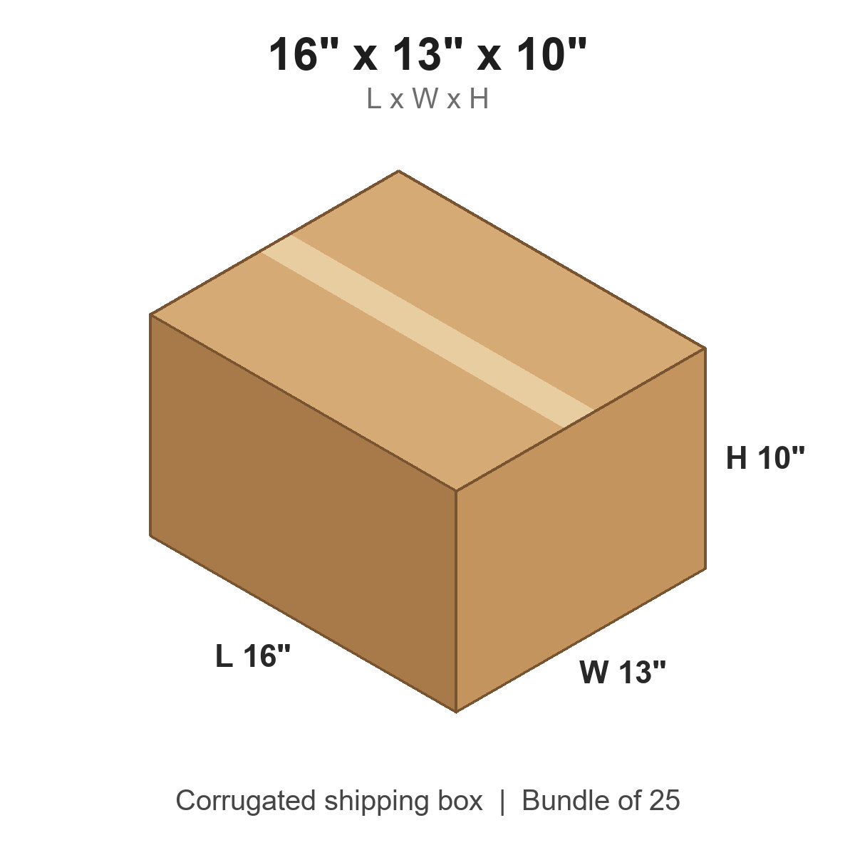 16x13x10 Corrugated Shipping Boxes (16 x 13 x 10 in), Bundle of 25