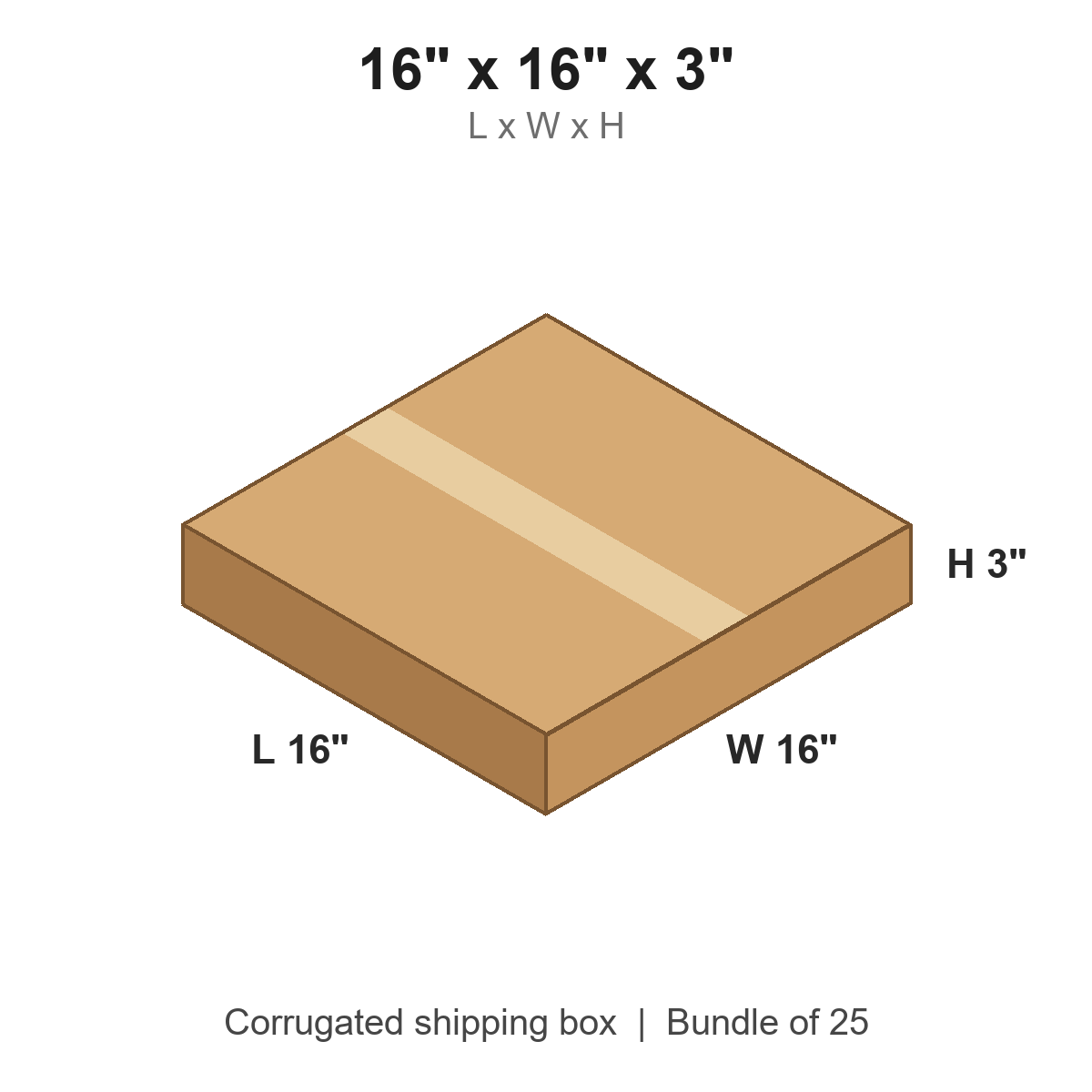 16x16x3 Flat Corrugated Shipping Boxes (16 x 16 x 3 in), Bundle of 25