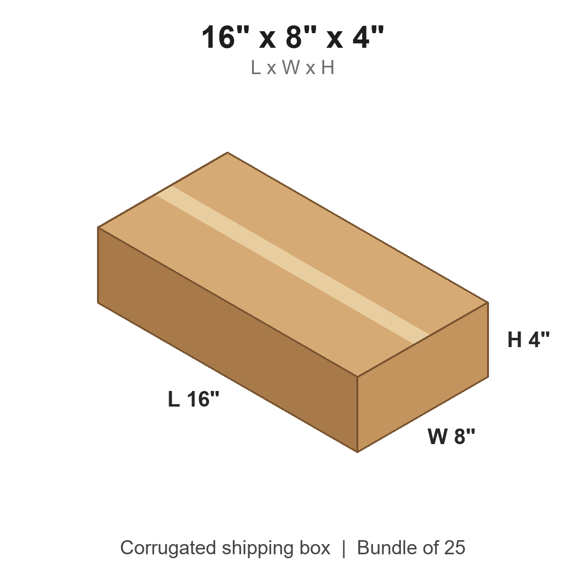 16x8x4 Flat Corrugated Shipping Boxes (16 x 8 x 4 in), Bundle of 25