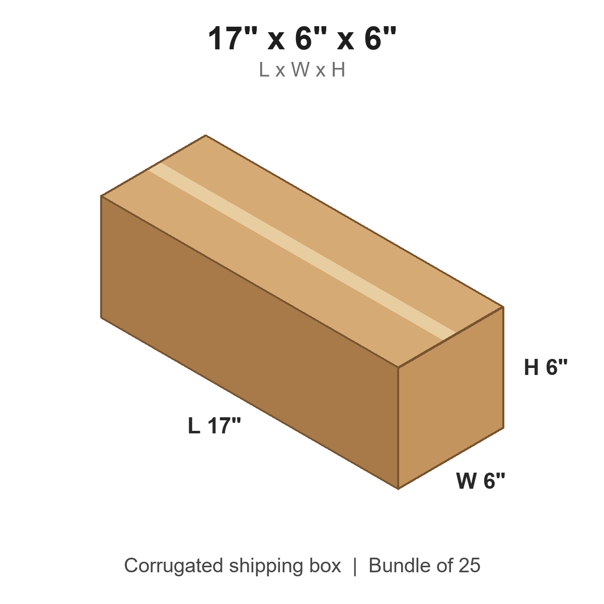 17x6x6 Long Corrugated Shipping Boxes (17 x 6 x 6 in), Bundle of 25