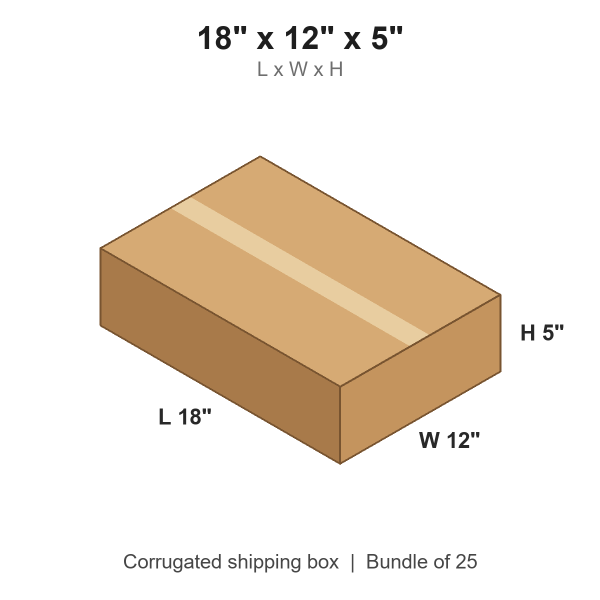18x12x5 Flat Corrugated Shipping Boxes (18 x 12 x 5 in), Bundle of 25