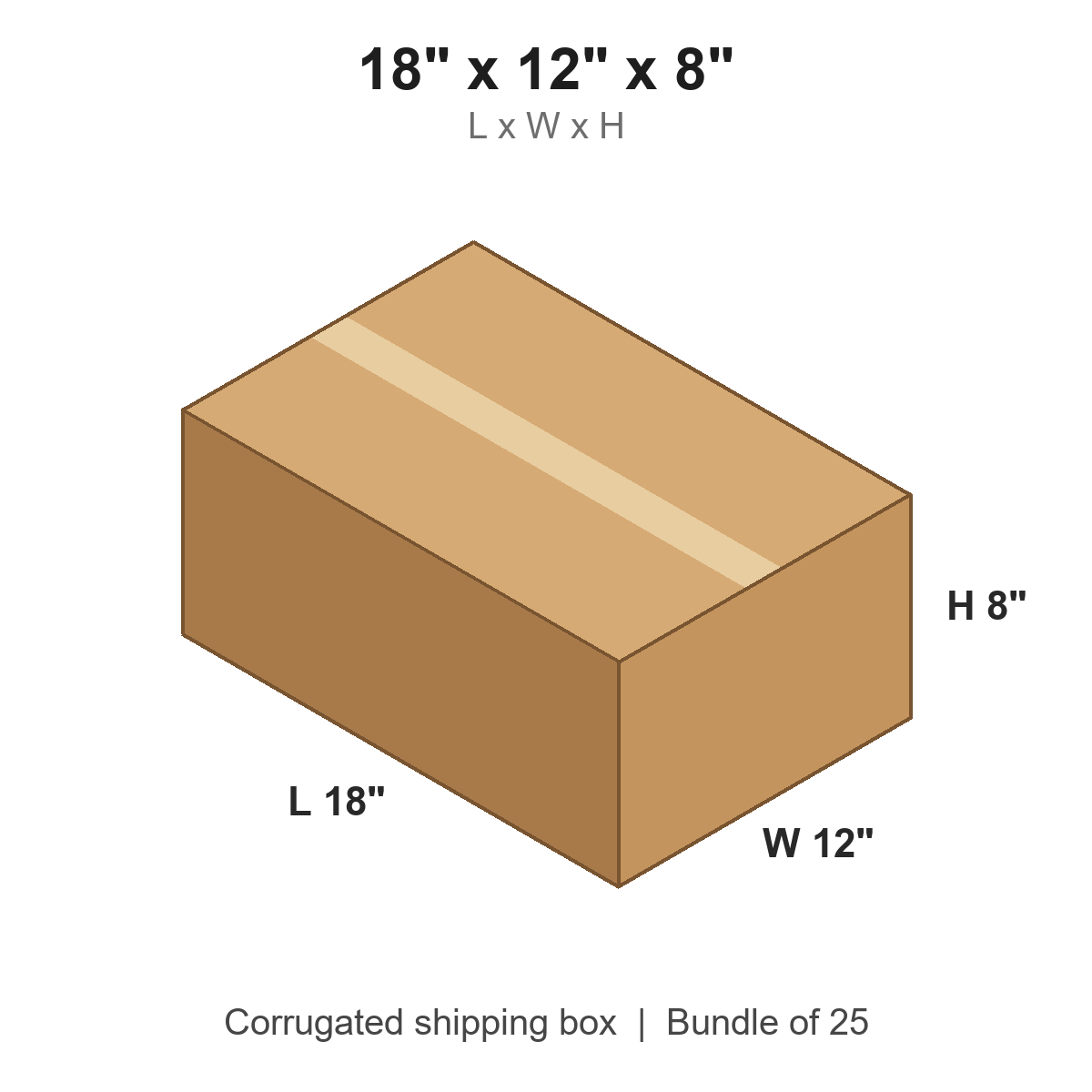 18x12x8 Corrugated Shipping Boxes (18 x 12 x 8 in), Bundle of 25