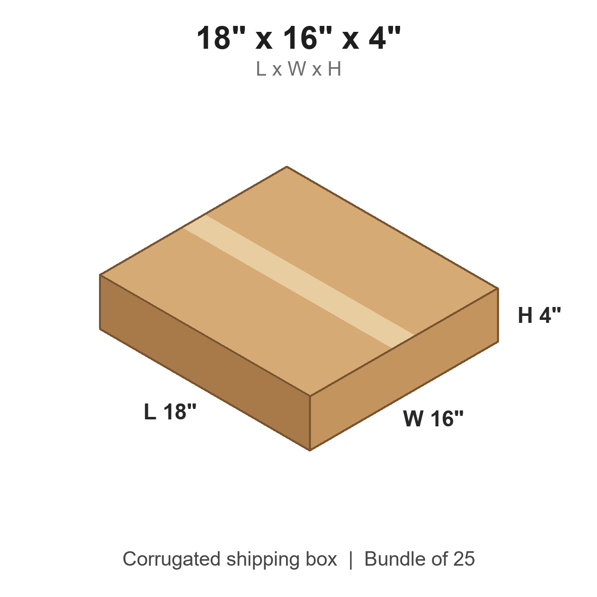 18x16x4 Flat Corrugated Shipping Boxes (18 x 16 x 4 in), Bundle of 25