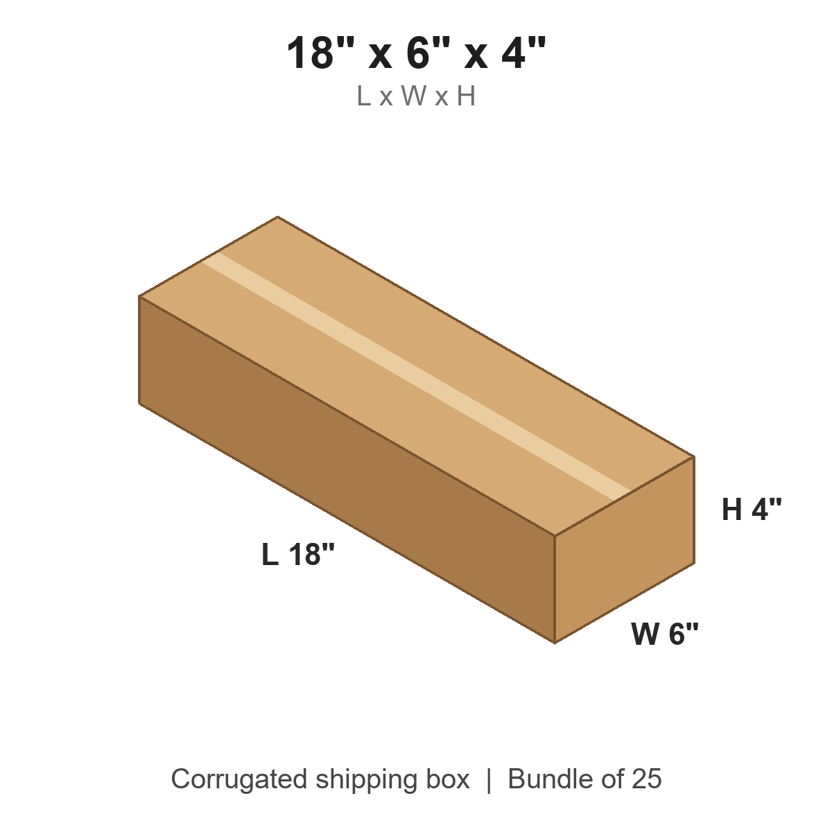 18x6x4 Long Corrugated Shipping Boxes (18 x 6 x 4 in), Bundle of 25