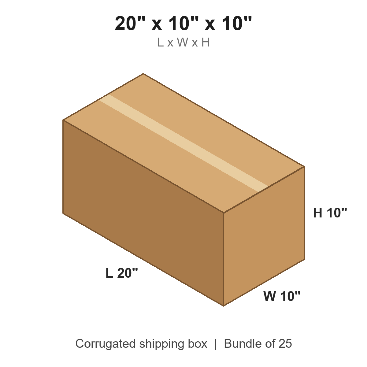 20x10x10 Long Corrugated Shipping Boxes (20 x 10 x 10 in), Bundle of 25