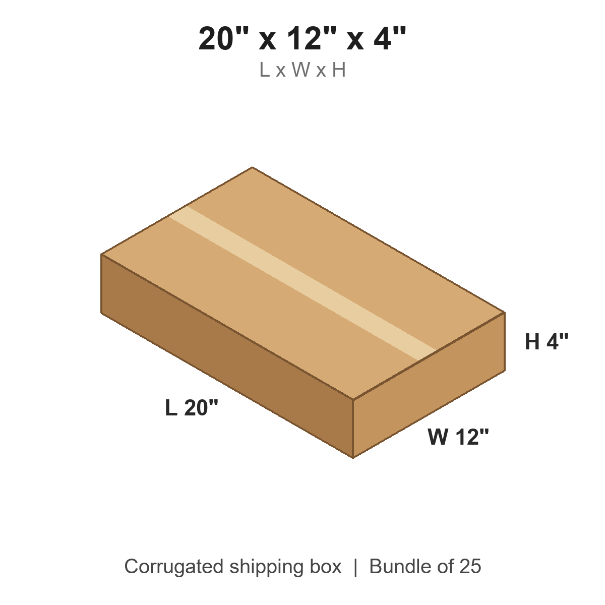 20x12x4 Flat Corrugated Shipping Boxes (20 x 12 x 4 in), Bundle of 25